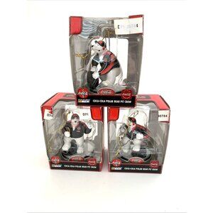3 Coca-Cola NASCAR Polar Bear Pit Crew Xmas Ornaments Tire Wrench Boxes Vintage